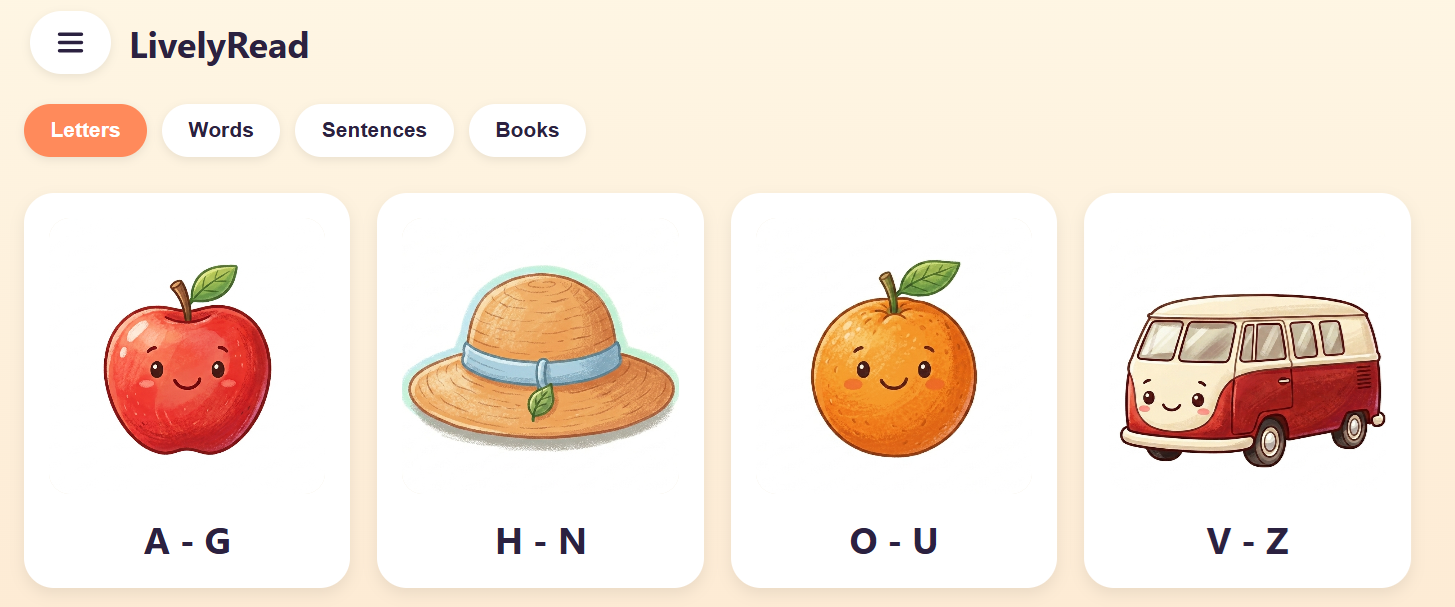 LivelyRead app showing the Letters library with A-G, H-N, O-U and V-Z decks